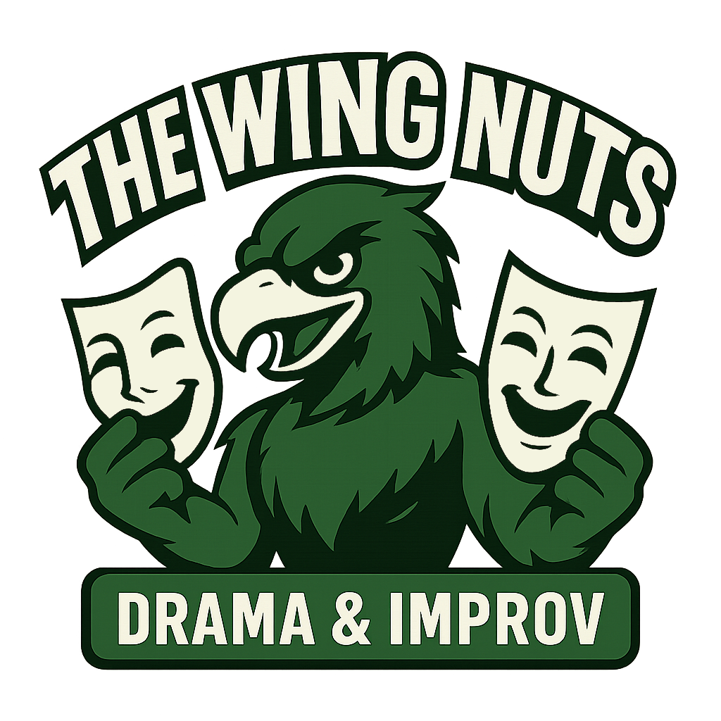 An eagle holds the comedy and tragedy masks representing theater in the Wing Nut Logo - Iowa Park High School Improv Troupe